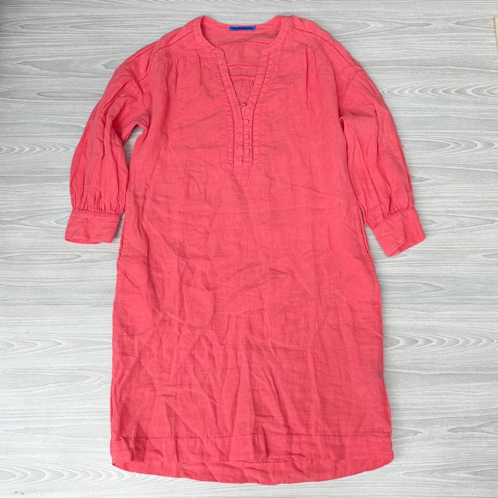 J.McLaughlin Linen Tunic Dress Coral Pink Embroidered Split Neck Small Shift